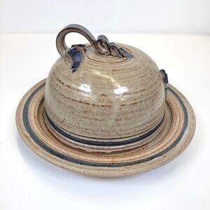 Studio Pottery Covered Butter Cheese Dish Craig Campbell Beige Blue Rustic Boho